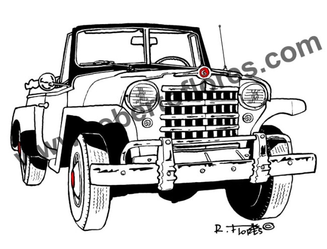 dibujo_drawing_b&n_1950_jeepster_negro_rojo