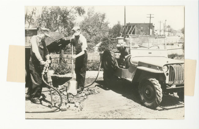 Gelatin silver print, civilian uses for a Jeep - pneumatic tools, 1945-1946. 2013.0327.1256.